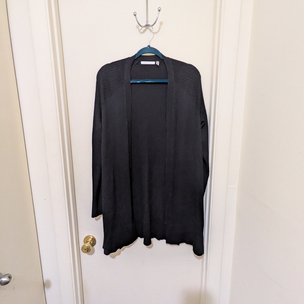 Linda Matthews Black Ribbed Open Front Cardigan Size Medium Lightweight Layering